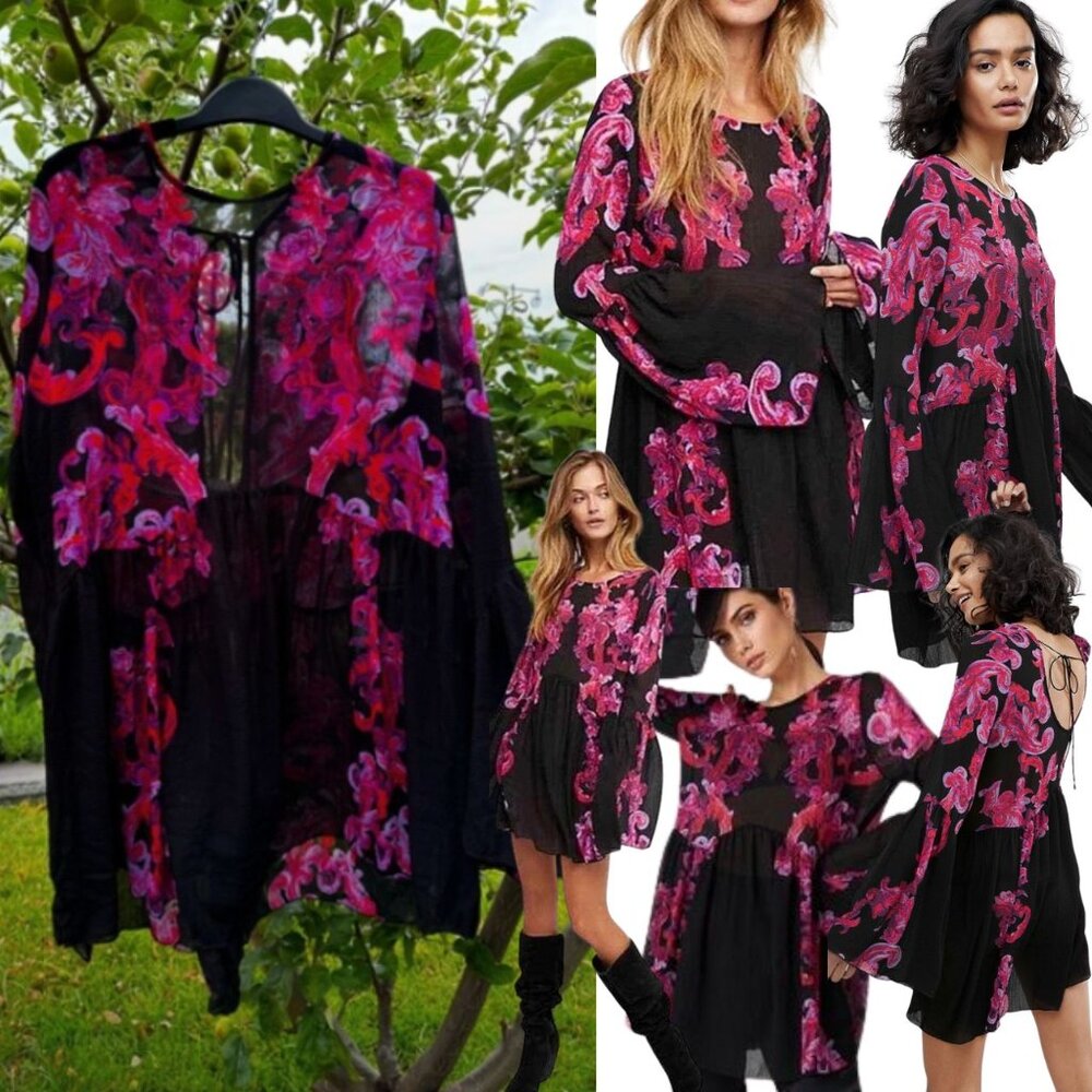 FREE PEOPLE Printed Symphony Black & Purple Long Sleeve Printed Slip Dress, Sz L